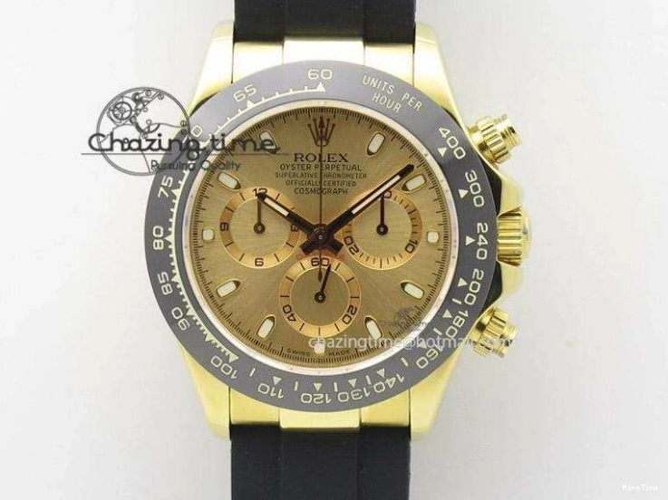 MiroTime 0403 Stylish Daytona YG BP Maker Gold Dial Sticks Markers On Rubber Strap A7750@ 4012